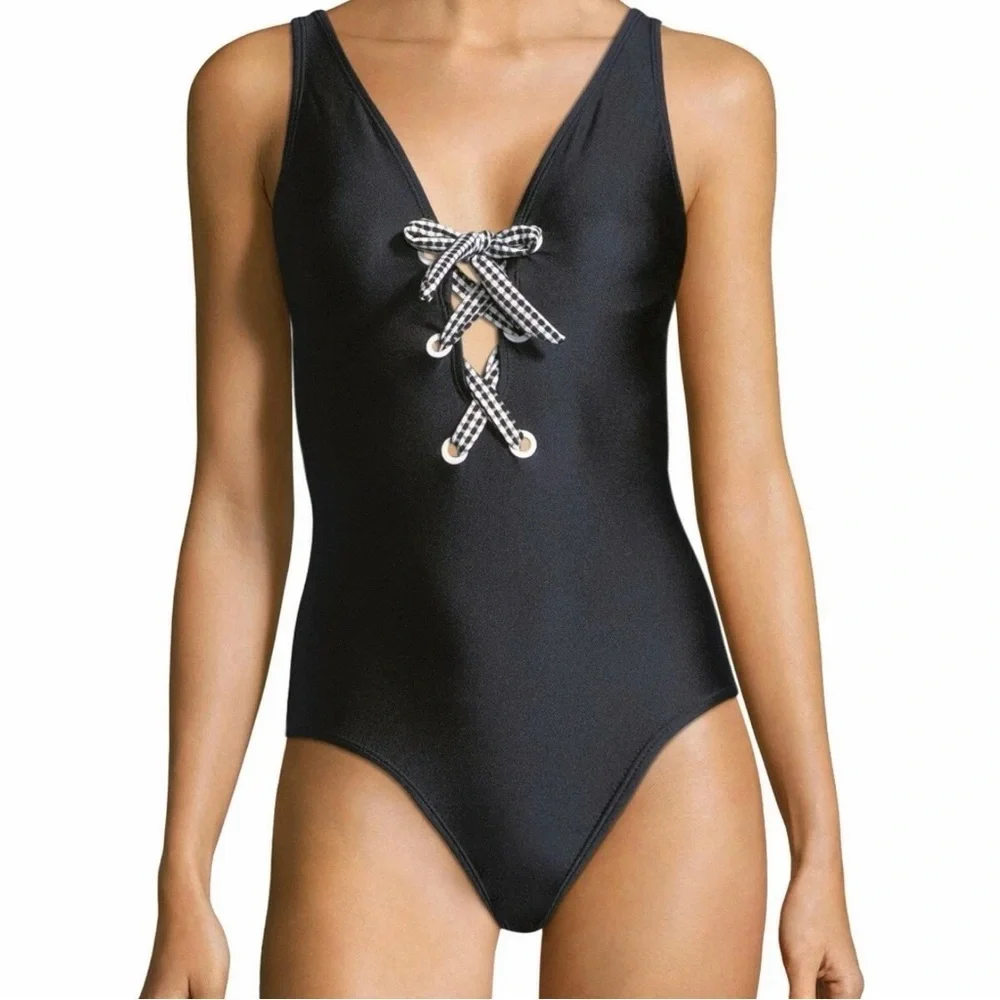 NWT Shoshanna Black One-Piece Checkered Gingham Lace-Up Bust Swimsuit Size 6